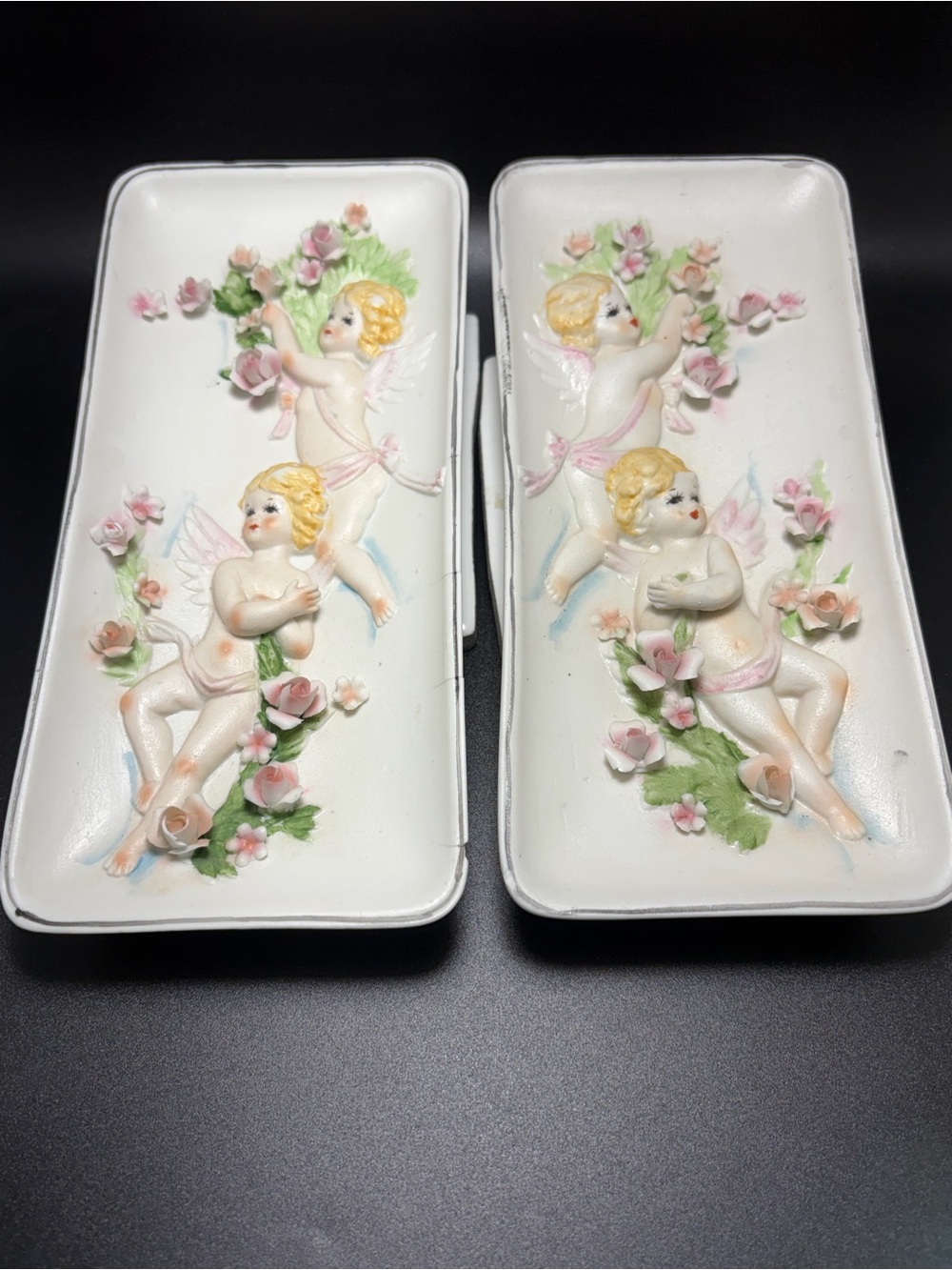 Vintage Lefton Cherub Wall Plaques Pair Ceramic Angels Applied Flowers Japan